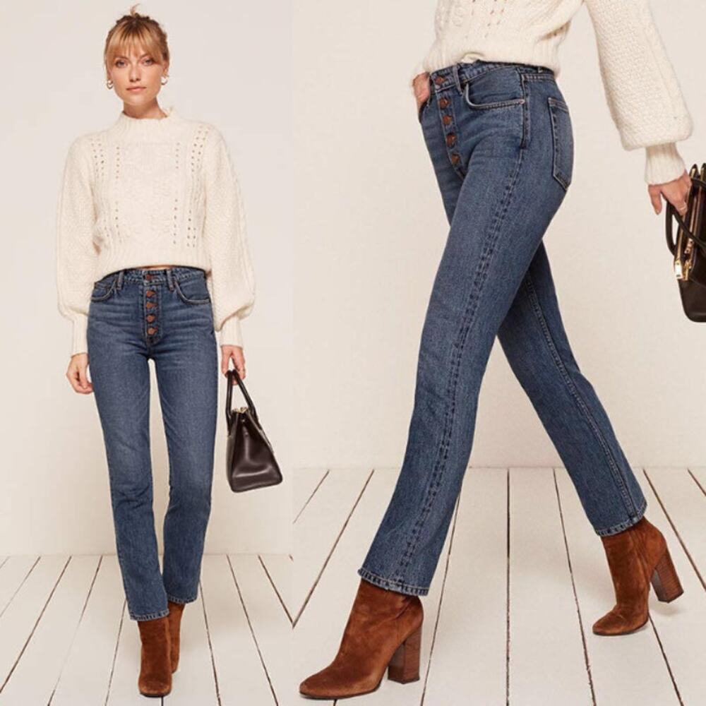 Reformation Winona Petite Mid Rise Button Fly Jeans Blue Denim